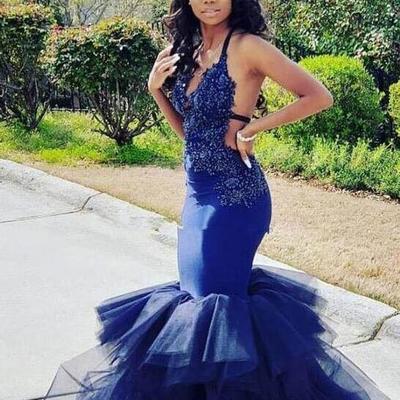 Spaghetti straps royal blue mermaid open back prom dress  - Thumbnail 2