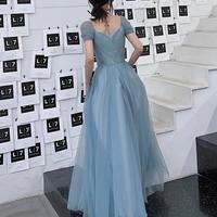A Line Blue Tulle Long Prom Dresses - Thumbnail 1