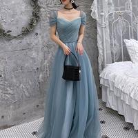 A Line Blue Tulle Long Prom Dresses - Thumbnail 2