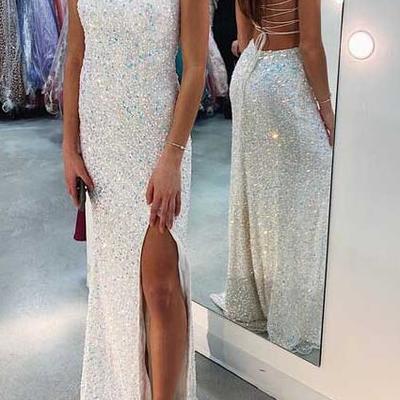 Floor length sparkly white sequin prom dresses with split - Thumbnail 1