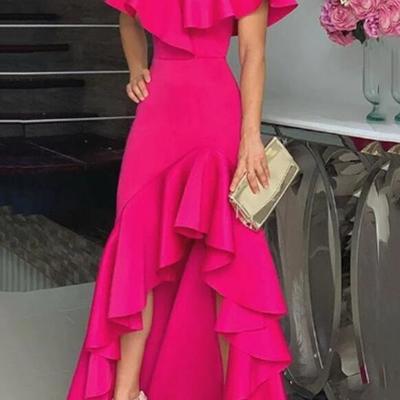 Hot pink deep v-neck ruffle hem slit evening dresses