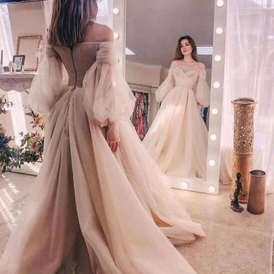 Off the shoulder champagne long sleeve tulle prom dresses 