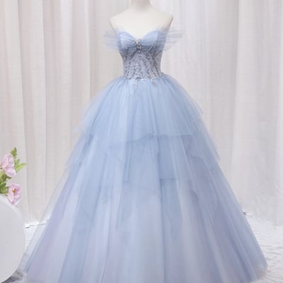 Blue tulle lace long prom gown, a-line evening formal dress - Thumbnail 1