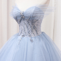 Blue Tulle Lace Long Prom Gown, A-Line Evening Formal Dress - Thumbnail 1