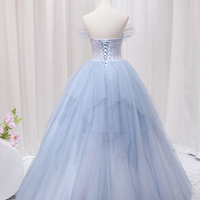 Blue Tulle Lace Long Prom Gown, A-Line Evening Formal Dress - Thumbnail 4
