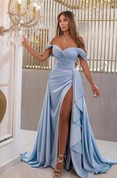 Light Sky Blue SPlit Evening Prom Dresses Arabid Dubai Sexy A Line Off Shoulders Pleats Ruffles Long Party Occasion Gowns Vestidos de fiesta