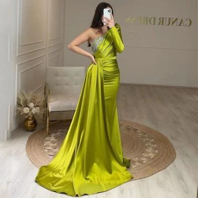 Olive green prom dresses sexy one shoulder long sleeve beads sequins top pleats long satin evening occasion gowns formal vestidos