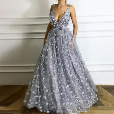 3d floral applique hand made flower long prom dresses sexy deep v-neck party dress floor length zipper back tulle fashion women evening gown