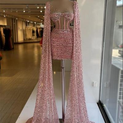 Designer luxury crystals pink evening dresses sequins beads mermaid prom dress long sleeves formal party robe de mariée