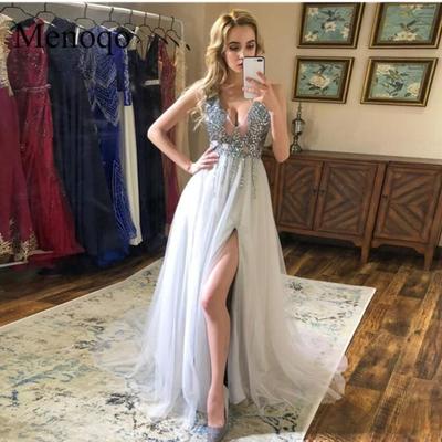 Sparkly gray crystal beaded v neck prom dress elegant open back tulle evening dresses luxury formal party bridemaid gown