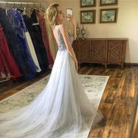 Sparkly Gray Crystal Beaded V Neck Prom Dress Elegant Open Back Tulle Evening Dresses Luxury Formal Party Bridemaid Gown - Thumbnail 1