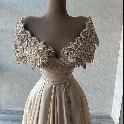 Luxury off shoulder evening prom dresses sexy chiffon a-line beaded lace appliqued formal party gown custom made