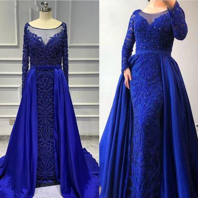 Vintgae lace appliqued mermiad evening dresses with detachable train long sleeves beaded prom dresses long formal party pageant gown