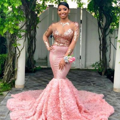 Pink long sleeves black girls prom dress mermaid formal pageant holidays wear graduation evening party gowns custom made plus size
