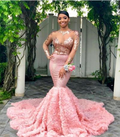 Pink Long Sleeves Black Girls Prom Dress Mermaid Formal Pageant Holidays Wear Graduation Evening Party Gowns Custom Made Plus Size