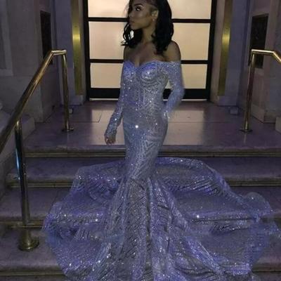 Silver sequins off-the-shoulder mermaid prom dresses long sleeves sweep train reflective evening gowns