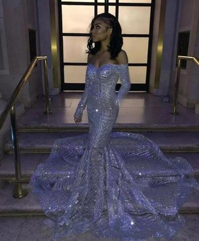 Silver Sequins Off-the-shoulder Mermaid Prom Dresses Long Sleeves Sweep Train Reflective Evening Gowns