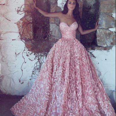 New luxury pink sweetheart ball gown princess evening dresses ball gowns sleeveless lace appliques prom dresses long sweep train