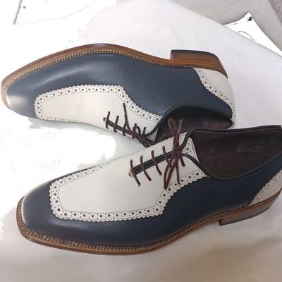 Handmade blue & white color genuine leather dress lace up oxford shoes