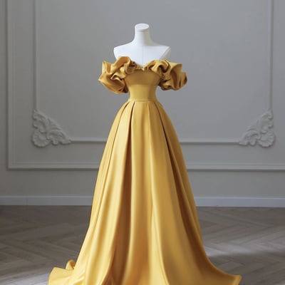 Yellow saitn long prom dress, off shoulder evening party dress - Thumbnail 1