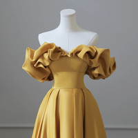 Yellow Saitn Long Prom Dress, Off Shoulder Evening Party Dress - Thumbnail 1