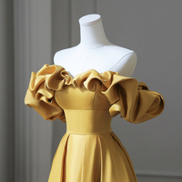 Yellow Saitn Long Prom Dress, Off Shoulder Evening Party Dress - Thumbnail 3