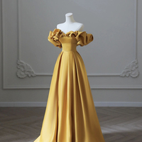 Yellow Saitn Long Prom Dress, Off Shoulder Evening Party Dress - Thumbnail 2