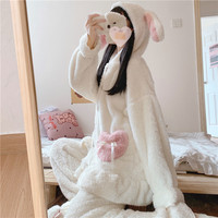 Cute Animal Bunny Rabbit Ears Hoodie Thick Warm Winter Comfy Cozy White & Pink Pajama Top Pants Two Piece Set - Thumbnail 2