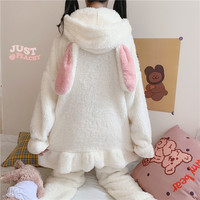 Cute Animal Bunny Rabbit Ears Hoodie Thick Warm Winter Comfy Cozy White & Pink Pajama Top Pants Two Piece Set - Thumbnail 3