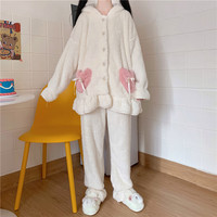 Cute Animal Bunny Rabbit Ears Hoodie Thick Warm Winter Comfy Cozy White & Pink Pajama Top Pants Two Piece Set - Thumbnail 5