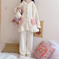 Cute Animal Bunny Rabbit Ears Hoodie Thick Warm Winter Comfy Cozy White & Pink Pajama Top Pants Two Piece Set - Thumbnail 6