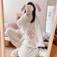 Cute Animal Bunny Rabbit Ears Hoodie Thick Warm Winter Comfy Cozy White & Pink Pajama Top Pants Two Piece Set - Thumbnail 7