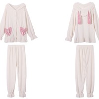 Cute Animal Bunny Rabbit Ears Hoodie Thick Warm Winter Comfy Cozy White & Pink Pajama Top Pants Two Piece Set - Thumbnail 8