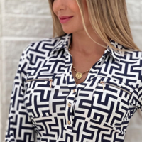 Black V-Neck Women'S Printed Long-Sleeved Shirt - Thumbnail 2