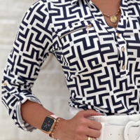 Black V-Neck Women'S Printed Long-Sleeved Shirt - Thumbnail 3