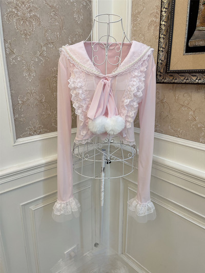 Pretty Women Sweet Vintage Coquette Pastel Lace Bow Pink Cardigan Sweater