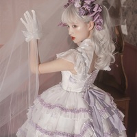 Black & White Violet Purple Rose Goth Girl Gothic Bow Lace Ruffled Layer Dress - Thumbnail 7