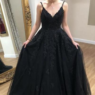 A line black v neck lace prom dress
