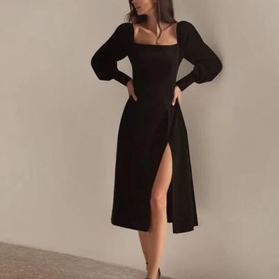 Simple black prom evening dress with long sleeves - Thumbnail 1