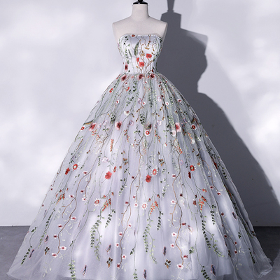 Gray strapless floral tulle long prom dress, a-line gray evening party dress - Thumbnail 3