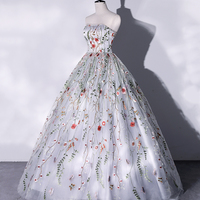 Gray Strapless Floral Tulle Long Prom Dress, A-Line Gray Evening Party Dress - Thumbnail 2