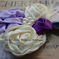 Lavender, Purple and Ivory Rosette and Feather Headband - Thumbnail 1