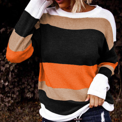 Round neck long-sleeved color-block knitted sweater - Thumbnail 1