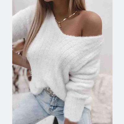 Solid color women's white long-sleeved sweater - Thumbnail 1