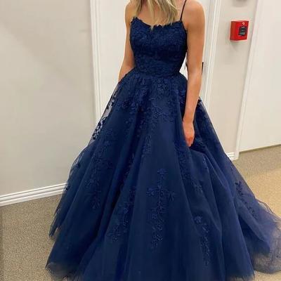 A line navy blue lace prom evening dress, formal evening dress - Thumbnail 3
