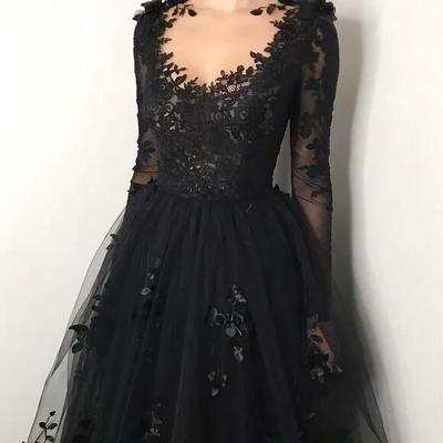 Elegant mermaid black flower tulle lace prom dresses