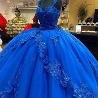 Princess Ball Gown Long Blue Prom Dress With Flowers - Thumbnail 1