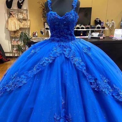 Princess ball gown long blue prom dress with flowers - Thumbnail 2