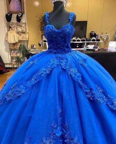 Princess Ball Gown Long Blue Prom Dress With Flowers