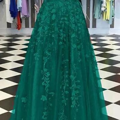 Chic spaghetti straps applique a line prom dresses - Thumbnail 2